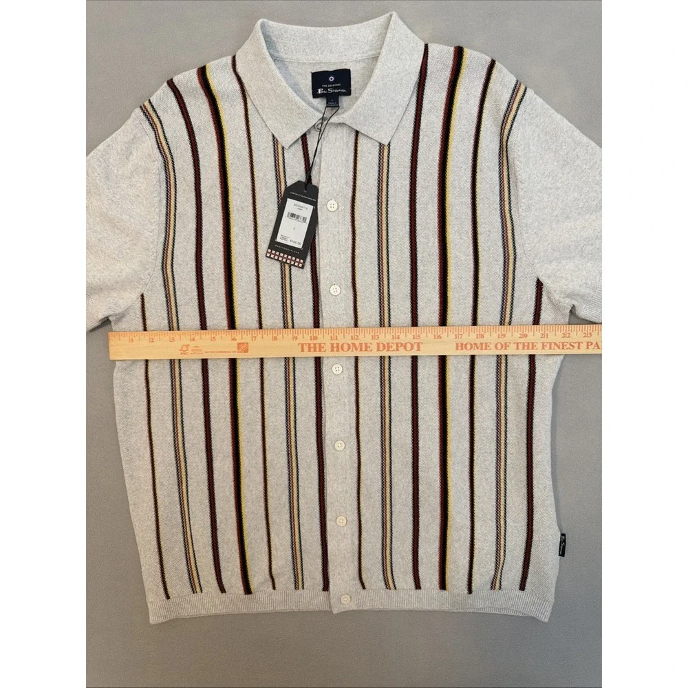 Ben Sherman Shirt Polo Men's Knit Crew Striped Preppy Vintage Button Ivory Sz L